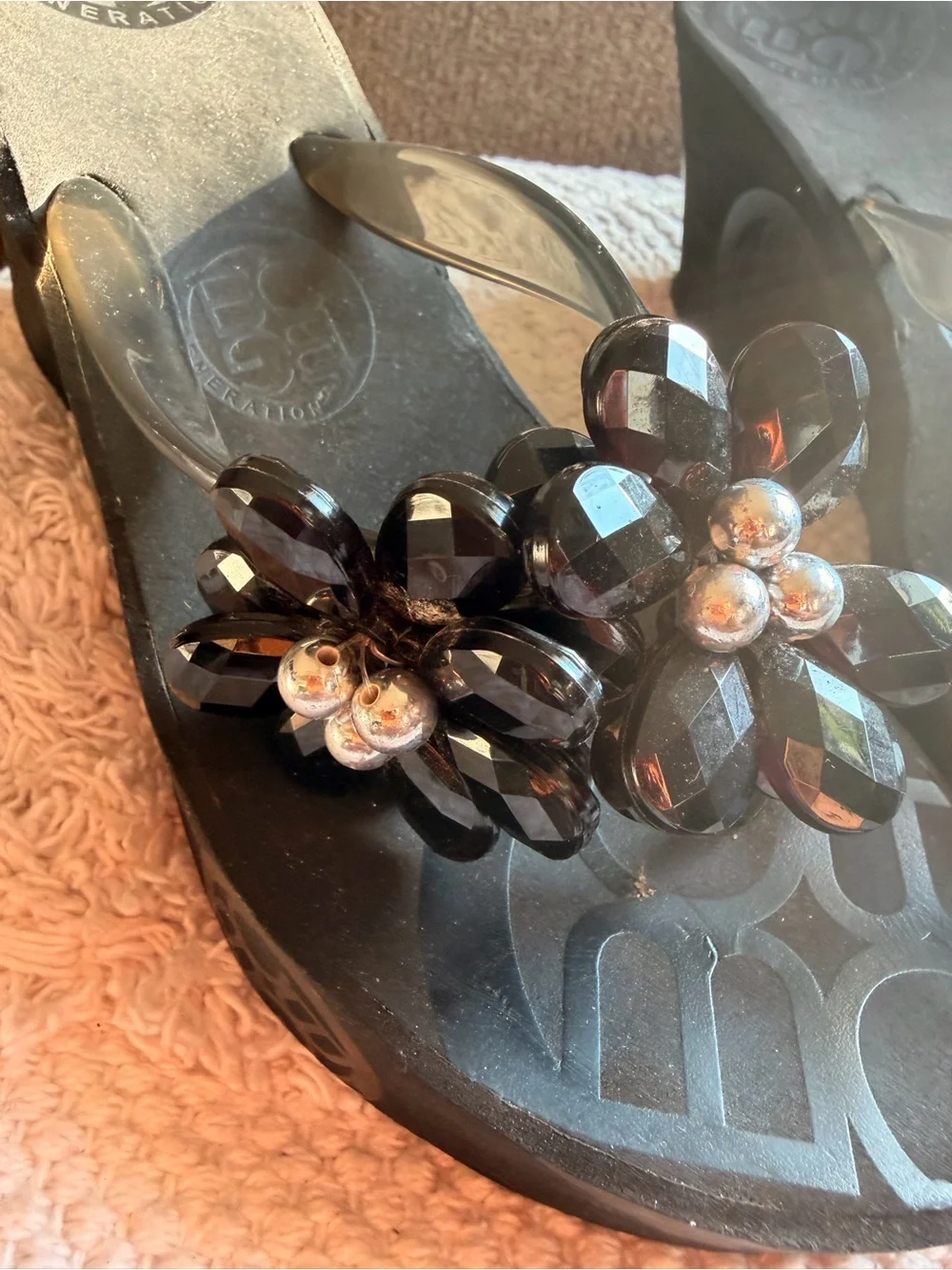 BCBGeneration Black Floral Crystal Wedge Flip-Flops